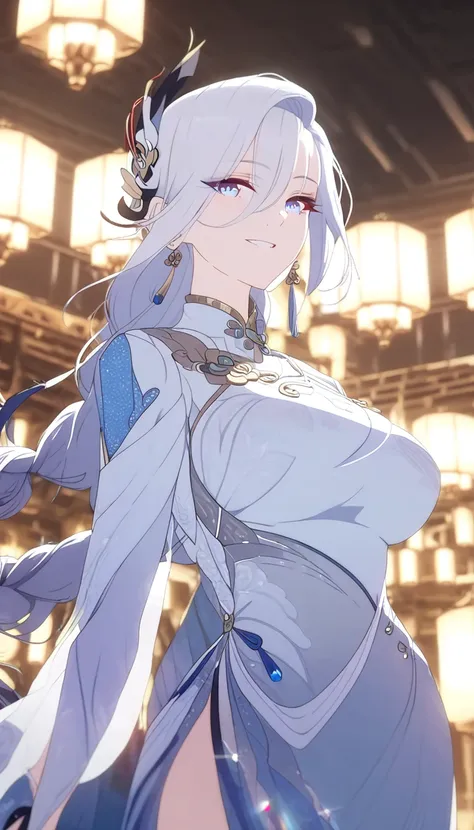 A woman in an elegant long gown, flowing fabrics, high slit, dramatic sleeves, white, blue, silver, shimmering embellishments, formal event, high quality, detailed, intricate, cinematic lighting, masterpiece, dynamic pose, shenhe, blue eyes, braided ponyta...