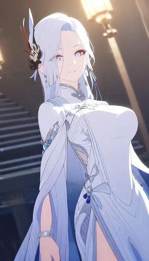 A woman in an elegant long gown, flowing fabrics, high slit, dramatic sleeves, white, blue, silver, shimmering embellishments, formal event, high quality, detailed, intricate, cinematic lighting, masterpiece, dynamic pose, shenhe, blue eyes, braided ponyta...