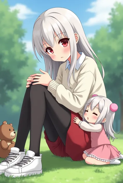 Anime girl sexy body white silver hair very red eyes with sweater white shirt red skirt black tights white sneakers and next to her a small anime hugging her leg white silver hair very red eyes in a pink boys dress and sitting on the grass playing with her...