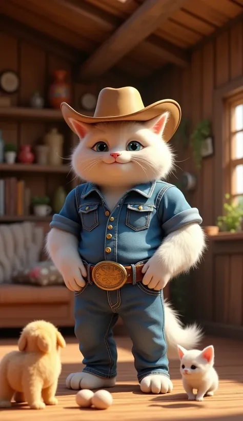 In cinematic 3D style, HD image ,realistic image ,colourful image.
Character, a muscular body Johnny big white cat wearing cowboy hat and denim shirt denim jeans and cowboy dress full feel.
Character, light brown small puppy long hair
Action,A muscular bod...