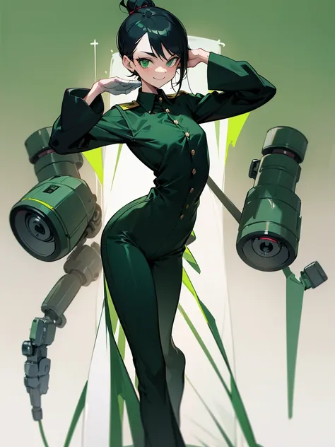 Black, white, green, half robot woman wearing a dress, black sweatpants, slightly loose legs, buttoned shirt, neckline, unbuttoned neck.1 One saw tattoo No. 07 with sports mode, high elasticity, firm glow, reddish-green, small smile with a standing salute.