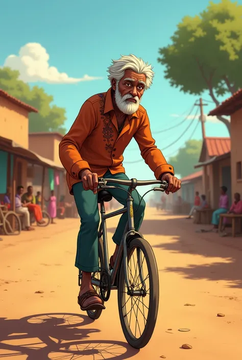 An animated picture of an old African man riding his bicycle 