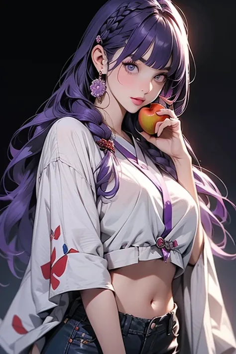   1 girl, blunt bangs,        ((  beautiful eyes)).  braiding        ,    width ,        hair accessories ,Obi says, (Purple Hair:1.2),          long hair ,        Close up shot of a high school girl with long hair grabbing the top of her clothes   ,   Its...