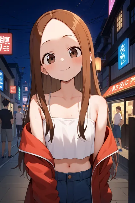 NSFW,masterpiece, top quality , high res, very detailed,Takagi(からかい上手のTakagi), long hair、Brown Hair、 split bangs,Forehead、clavicle,(Prostitute),Nightlife