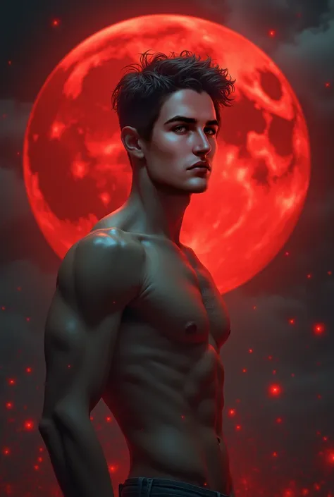 UHD, accurate, masterpiece, anatomically correct, textured skin, super detail, high details, high quality, young man background of the blood moon, digital art