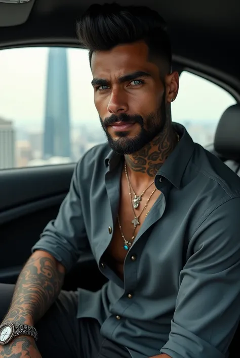 Vivid hyper realistic,  a white slim  Indian man with black short stylish mid fade hair , blue eyes, tattoos, rings on his hands, beard open dress shirt , dress pants , dress shoes , snake tattoos, sitting in the car near the tower.