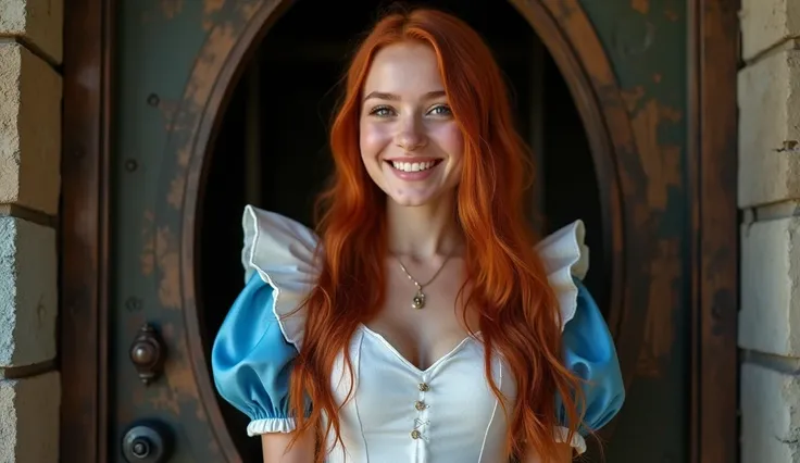  Create an ultra realistic full body image of a beautiful 15-year-old woman smiling, long hair by redheads , big breasts, deep v neckline,  dressed as Alice in Wonderland , Shes in a castle going through a door lock