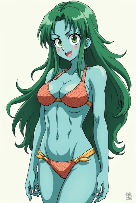 a cartoon image of a woman with green hair and a bikini, an anime drawing by Akira Toriyama, tumblr, sōsaku hanga, bulma from dragon ball, saiyan girl, most strongest pose, anime girl with teal hair, she has pale blue skin!!!, her belly button is exposed, ...