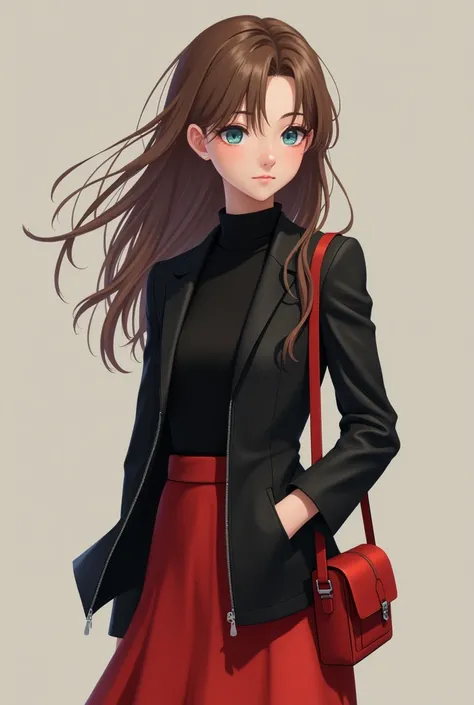 A girl with brown hair with soft blue eyes with a zipped up black jacket and a red skirt on with a red messager bag