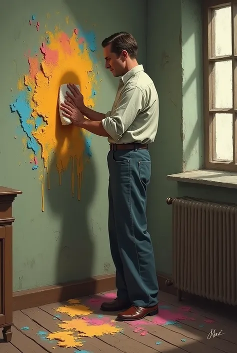 A man scrubbing his room wall in the 1930s with play-dough 