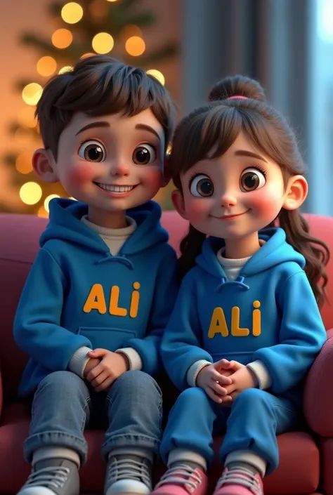 A realistic 3D image of a cute boy and girl big eyes smiling and wearing a bright blue hoodie with a yellow "ALI" and "MARDONA" text on the front, wearing sneakers, setting on couch at Christmas night. soft light reflection