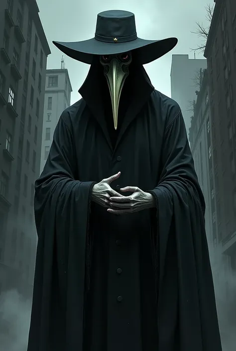 (masterpiece, best illustration,) , beak mask, black robe, city background, doctor, masked, one person, clear, fine motor, wearing hat with brim, glasses, can&#39;t see eyes, hands parked crow