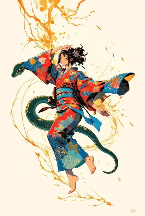  Woman in a yukata dancing barefoot ,lightning，snake，Millerball  ,Im falling , Poster Art, Screen printed poster,   graphic novel cover art  ,  Vivid details ,   promotional artwork  , Poster illustration,  illustration poster , author:  Jens Sondergaard  ...