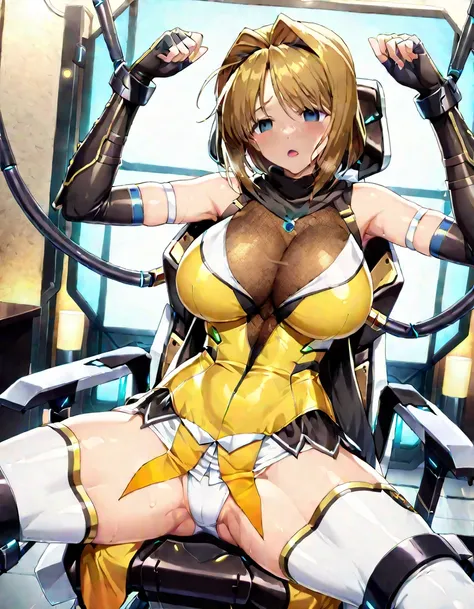 Takamori Haruka, Ninja, 最 High Quality , masterpiece,  High Quality ,  game cg,  ,(Inside the research facility :1.2),empty eyes, ,Big Breasts, Taut chest,(The girl is sitting in a 、 mechanical chair with her arms and legs restrained), open legs,(Front vie...