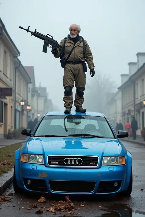 Dr Albert Hofmann has an Audi RS 4 light blue  ( Model year 2006 , Generation B7) destroyed. Der Audi ist destroyed aber noch erkennbar. Dr Albert Hofmann steht triumphierend auf dem destroyeden Audi mit einem Maschinengewehr in der Hand.  The Audi MUST lo...