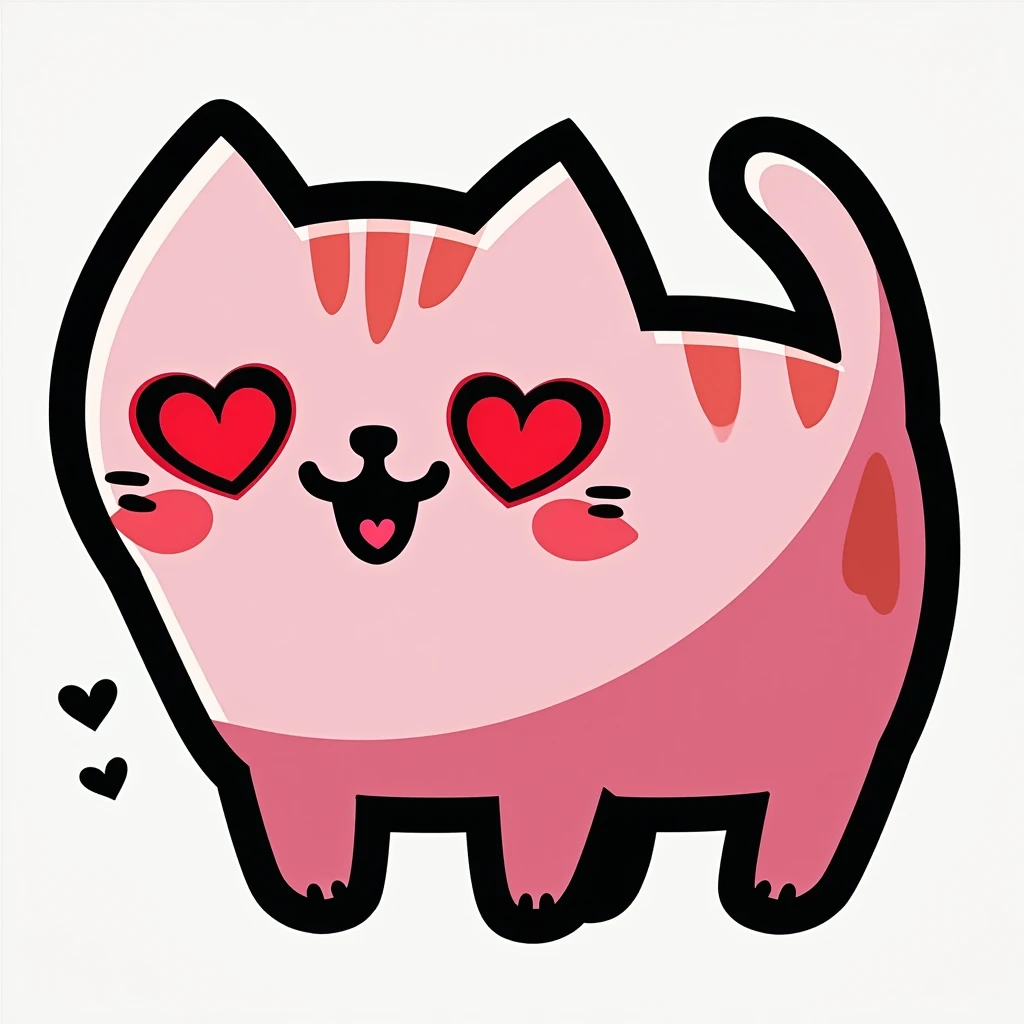 A cartoon cat, positioned in the center of the image, has large, expressive eyes.  The eyes are filled with red hearts, conveying a feeling of love or adoration.  The cat is light gray or white, with simple, black outlines for its features.  Its body is st...