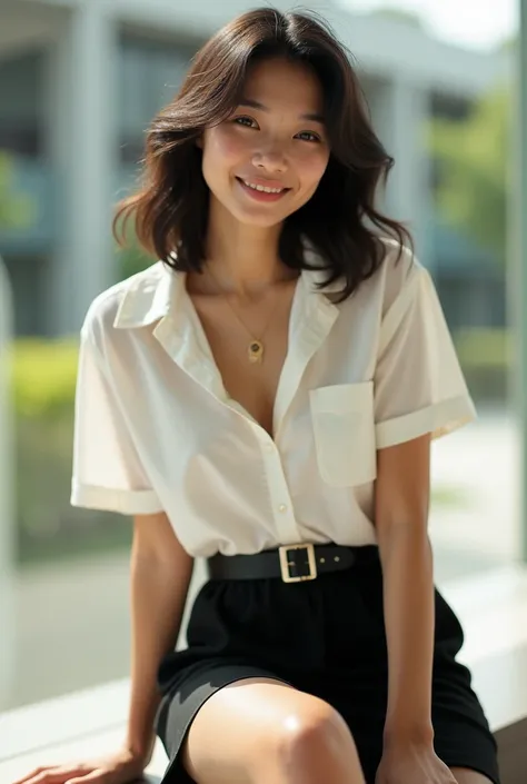 Thai woman with Natural loose hair, smirk, wearing cleavage white collared unbuttoned shirt short sleeves revealing breast , belt, short black pencil skirt, sitting pose, in university, sun light, Kodak Gold 200 film