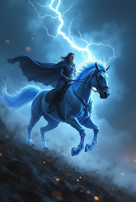 A daring rider atop a lightning-charged beast, galloping through a tempestuous sky. Shades of electric blue, black, and white dominate the scene as lightning bolts crackle across the clouds, highlighting the rider’s wind-tossed cloak and the beast’s electr...