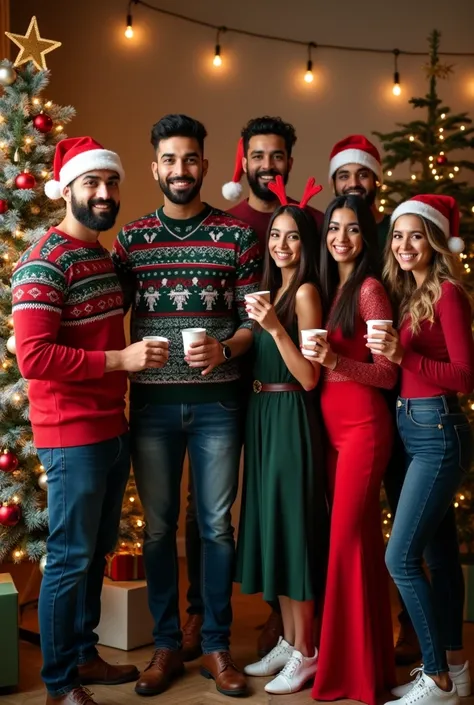 "Show a fit, medium-built South Asian male, aged 34, standing on the left side of a group of eight friends celebrating Christmas indoors. He is wearing a Santa Claus cap, a stylish Christmas sweater with holiday patterns, and slim-fit jeans, showcasing his...