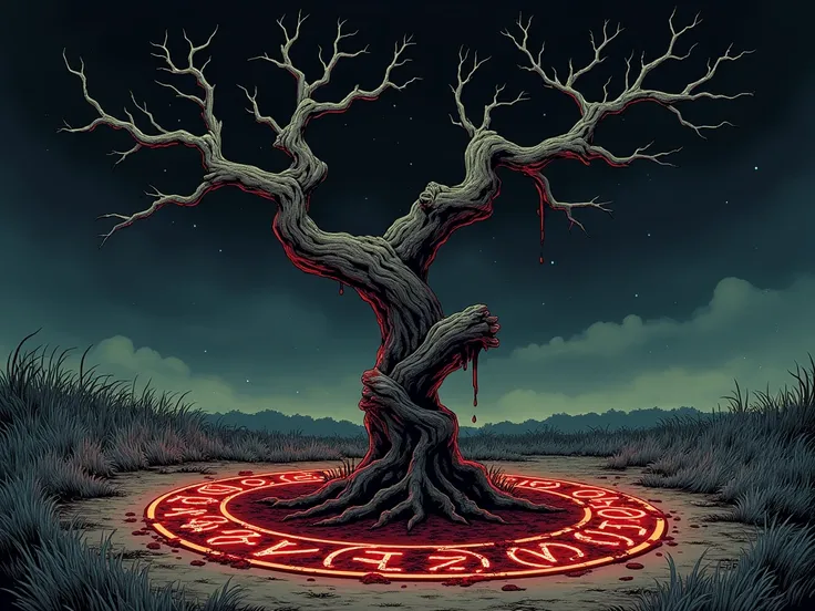 comics style, dry tree branch, bloodstained, blood runes, savannah at night