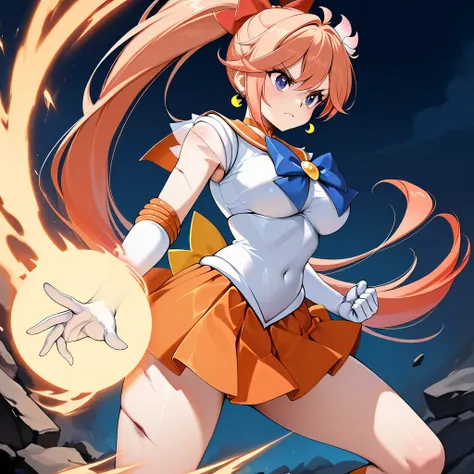 ((best quality)), ((masterpiece)), (detailed), (UHD), 4k, guinaifen, sailor venus cosplay, ready for battle, serious face, battle stance, battle damage, 