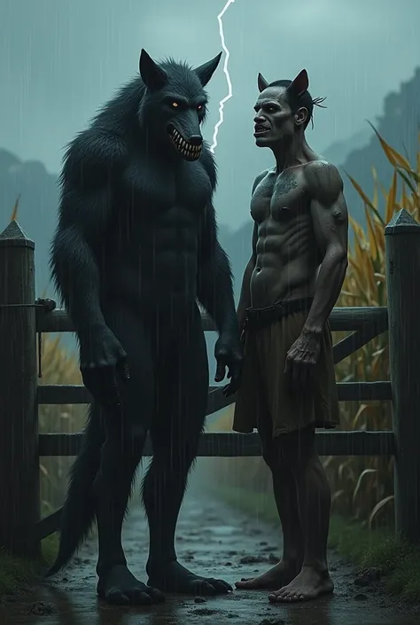 A realistically rendered image capturing a close-up of a pale, half-humanoid man with yellow eyes standing next to a werewolf standing confidently in the rain next to a gate near a farm. The werewolf has sharp teeth and claws and is covered in black fur. I...