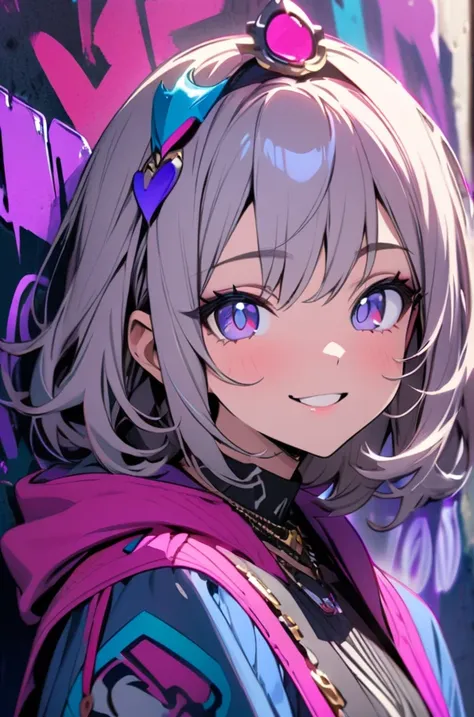  detailed background, masterpiece,  top quality , smile,  Ornaments , Food,  portrait, Neon Pink, Graffiti,  dark,   knight , bright eyes,  purple light 