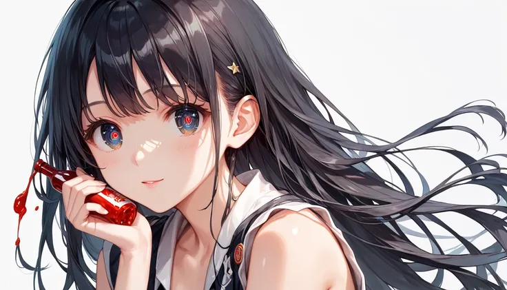 Score_9, Score_8_superior, Score_7_superior,sauce_anime, High-resolution images,masterpiece,Best Quality,girl,Cute face,Beautiful Skin,Shiny black Hair, Long Hair, Highly detailed eyes,Simple Background,(11歳girl)、