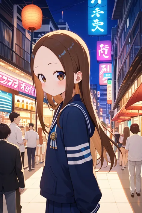 NSFW,masterpiece, top quality , high res, very detailed,Takagi(からかい上手のTakagi), long hair、Brown Hair、 split bangs,Forehead、clavicle,(Sugar Daddy),Nightlife