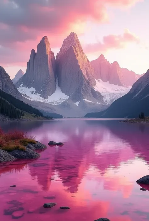 Three Peaks of Lavaredo surrounded by a pink shiny lake