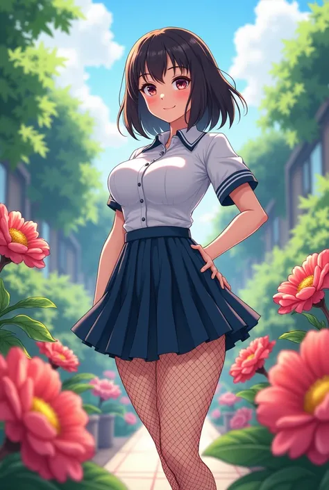 Schoolgirl,  school flowers , Big Boobs and Ass ,  wearing a female students uniform and wearing fishnet stockings, Wide angle photo, JCartoon