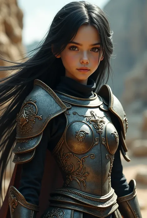 A small  girl with long black hair dressed in super realistic sexy armor 