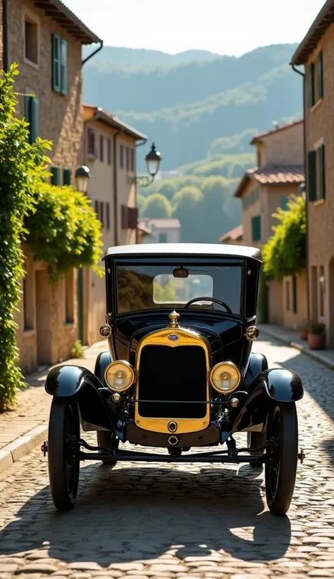 A pristine, vintage Ford Model T sits in a sunlit, cobblestone street of a quiet European village. The polished black body glistens in the soft morning light, and its brass accents shimmer as if untouched by time. Ivy-covered stone walls and a backdrop of ...