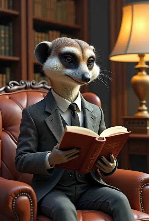 Meerket dressed in a gray three-piece suit reads poems from an inspired book in front of a study with bookcases