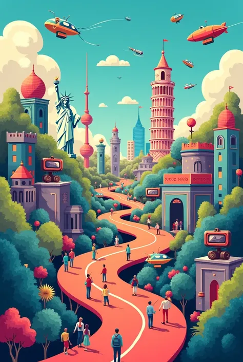 An artistic and vibrant illustration featuring a futuristic and imaginative cityscape. The design includes iconic landmarks like the Statue of Liberty, Leaning Tower of Pisa, and modern urban elements intertwined with playful characters and robots. The set...