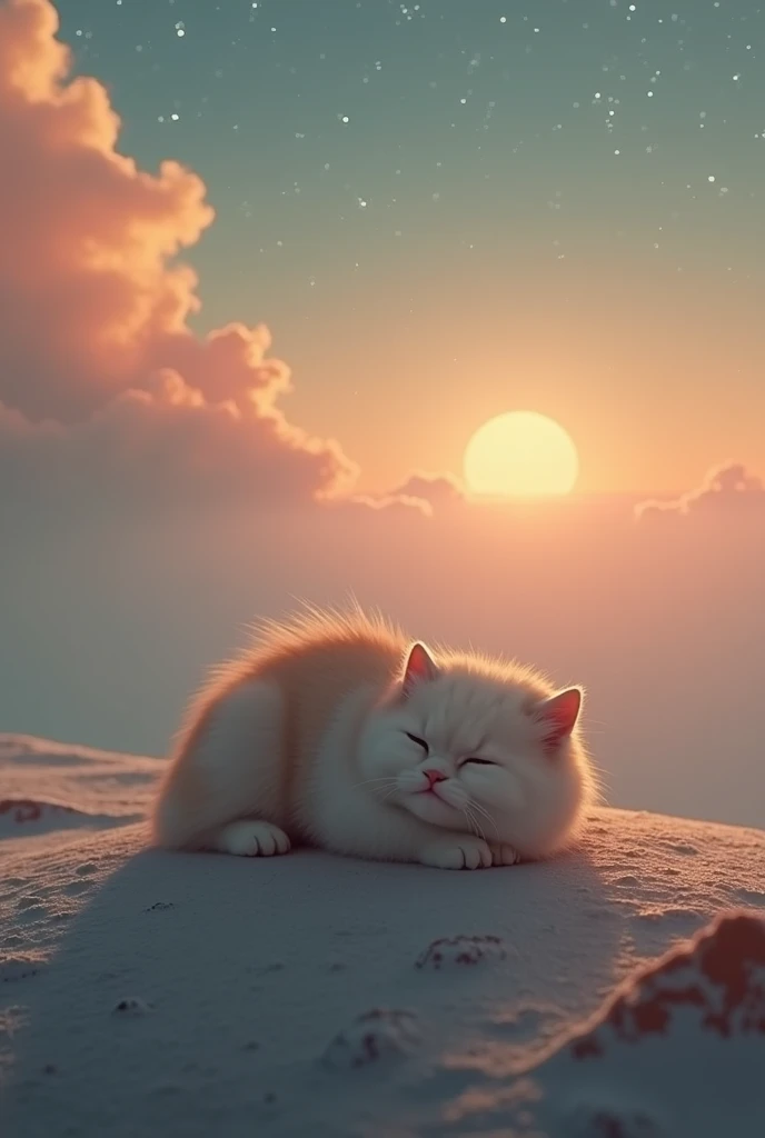 Airy ground :  moonlike texture ,  a fat cat ,lonely, background: cloud, stars , orange hued sky,red,it&#39;s not