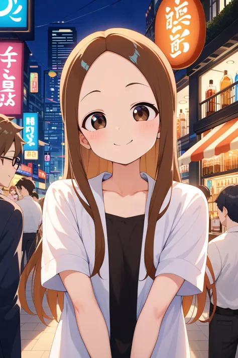 NSFW,masterpiece, top quality , high res, very detailed,Takagi(からかい上手のTakagi), long hair、Brown Hair、 split bangs,Forehead、clavicle,(Sugar Daddy),Nightlife