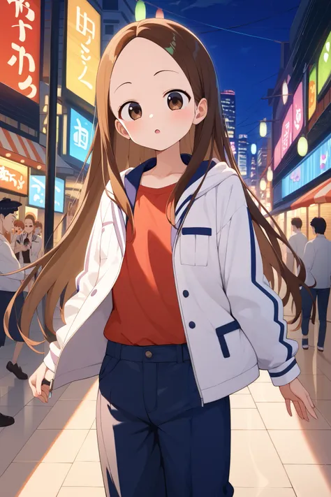 NSFW,masterpiece, top quality , high res, very detailed,Takagi(からかい上手のTakagi), long hair、Brown Hair、 split bangs,Forehead、clavicle,(Sugar Daddy),Nightlife