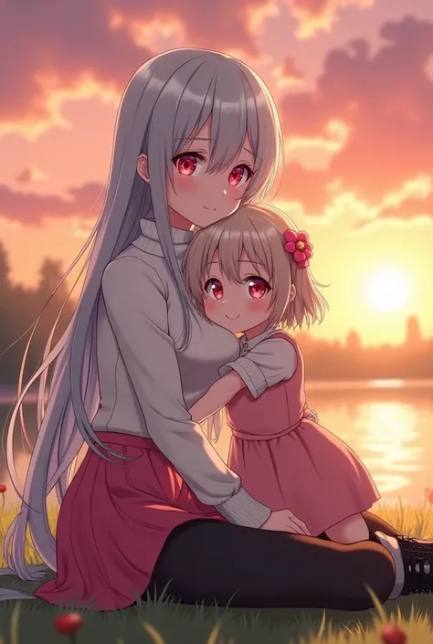 Anime girl sexy body silver white hair very red eyes with a white turtleneck sweater pink skirt black tights black sneakers long hair big breasts very beautiful and a little daughter next to her hugging her and they are the same but the little one is weari...