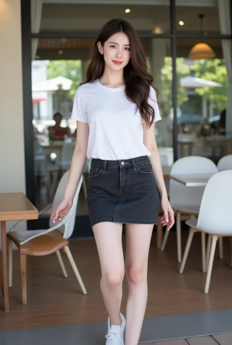  Long Natural Brown Hair, Age 22 years, slender,  medium breasts,  Smirk,  Wearing Round Neck White Short-Sleeved T-Shirt , Thai Girl Wearing Short Pencil Black Denim Skirt  ,  wearing white sneakers ,Random pose , Standing posture,  Moonlight , Daylight  ...