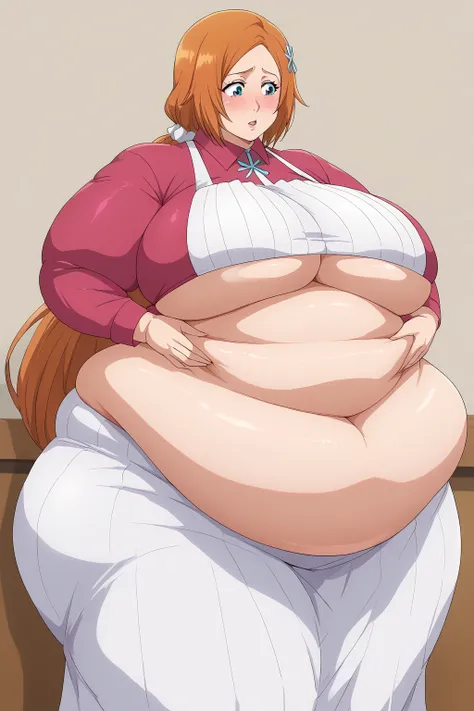 inoue orihime, Orihime Inoue,  long hair,  orange hair, ( Teal Eyelids),low ponytail, Hair tied back,White scrunchie, (( pink long skirt)),((red short-sleeved shirt )),blouse,  white apron, score_9,  score_8_ up,  score_7_ up,  score_6_ up,  score_5_ up,  ...