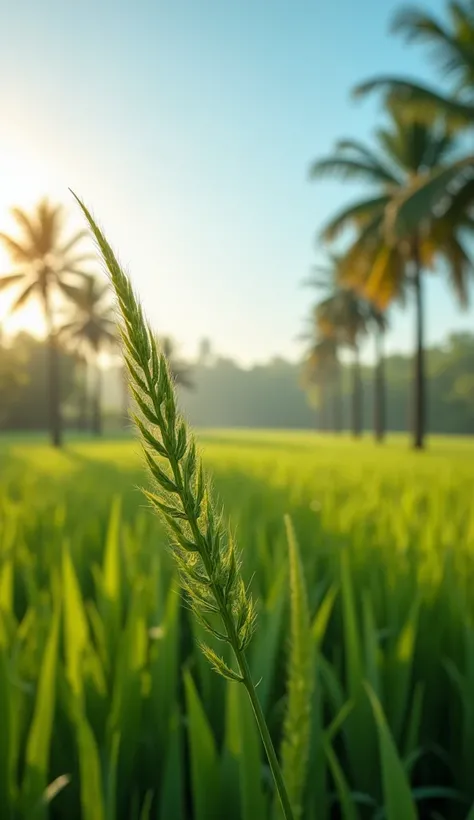 GENERATE A REALISTIC 4K ULTRA HD PHOTO FOR A FLYER , in the foreground,  A GROUP OF PALM OIL SEEDS IN THE BACKGROUND OF A FARMING FARM WITH PALM TREES IN BLUR MODE, blue open sky, There is a lot of light