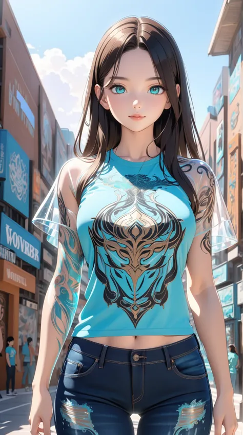 young girl, very long dark brown hair, light blue eyes, smile, sport build body, magic tattoo, turquoise shirt, open belly, transparent sleeves, jeans, Masterpiece, best quality, Full HD, 8k, ultra details, great graphic, anime style, 2D, detailed eyes, be...