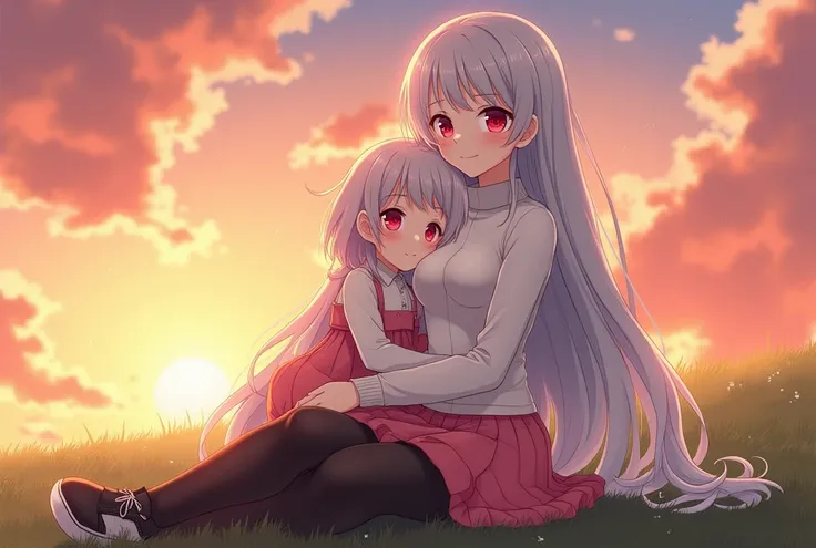 Anime girl sexy body silver white hair very red eyes with a white turtleneck sweater pink skirt black tights black sneakers long hair big breasts very beautiful and a little daughter next to her hugging her and they are the same but the little one is weari...