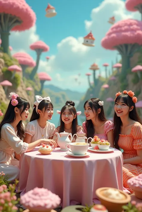 5 girls Korean K-pop tea party time بمفهوم اليس في بلاد العجائب 