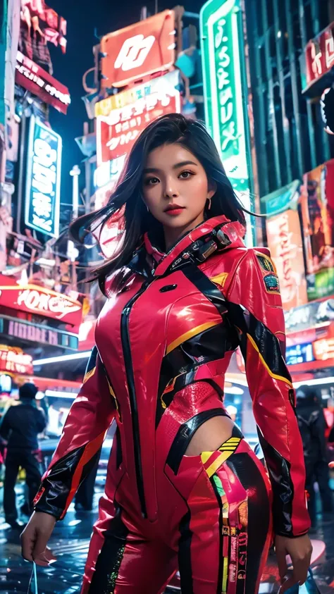 In the pulsating cyberpunk city center of Kuala Lumpur, a hijab-clad Asian woman captivates the attention of a vibrant, neon-lit crowd. Dressed in a fearsome, blazing red mecha suit, she exudes determination and fortitude. The suit’s polished surface refle...