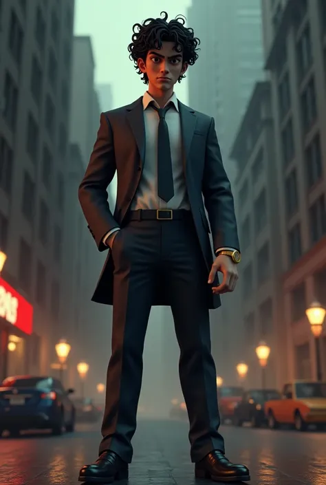 Create an animated 3D illustration of a curly-haired guy dressed as a mafia. 