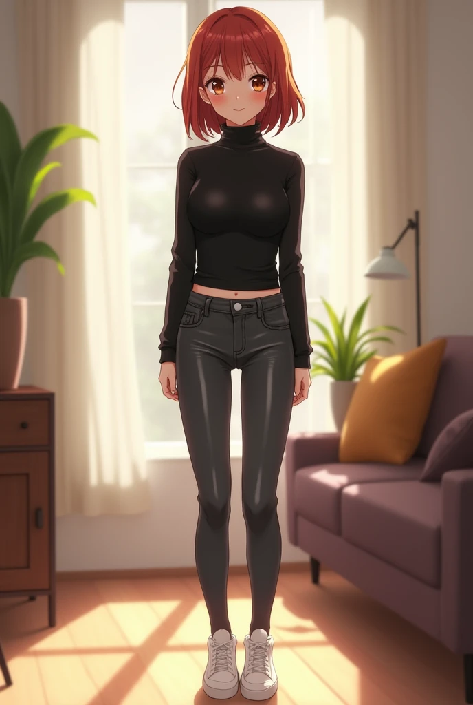 Young anime small height woman standing in a room, with shoulder-length reddish-brown hair and brown eyes, wearing black skinny turtleneck with long sleeves, wearing dark grey skinny leather jeans, wearing white sneakers, looking with smile