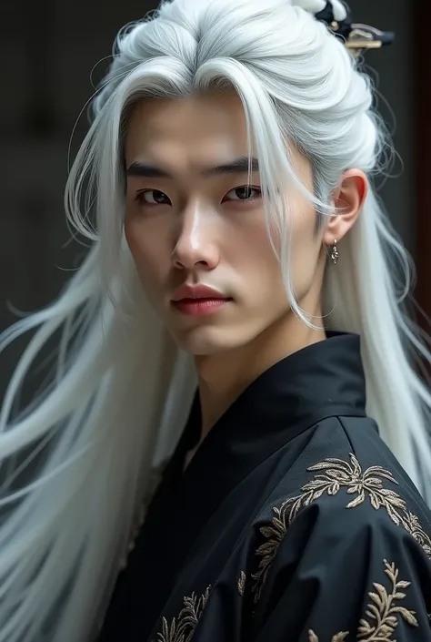 a young man, slim body, long white hair, wearing black and gray Chinese traditional clothes, close up