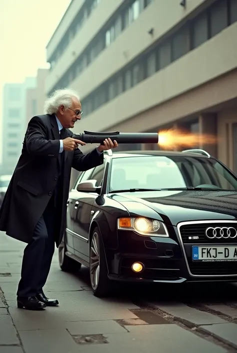  Dr Albert Hofmann shoots a black Audi RS4 Avant with a bazooka ( Model year 2006 , Generation B7). Dr Albert Hofmann has to laugh and clearly shows that he is stronger . 